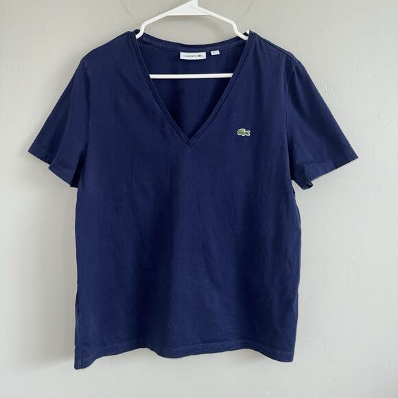 Lacoste Women’s Size 40 V-neck T-shirt Short Sleeve Navy Blue Embroidered Logo - Picture 1 of 5